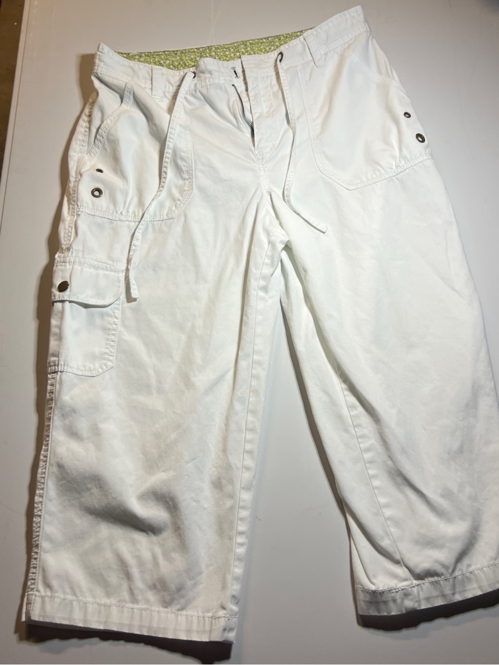 Basic Editions White Pants with Olive Floral Waistband
